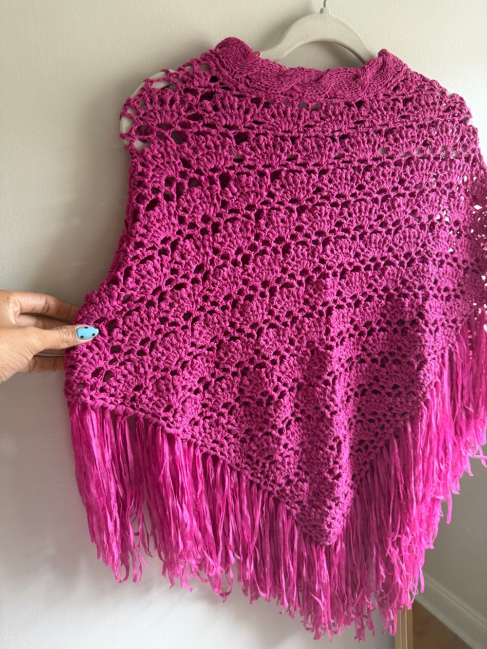 Bright Pink Crochet Fringe Poncho - Women Accessories - Picture 3 of 4